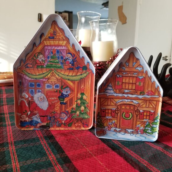 2 Vintage Christmas House Tin Boxes